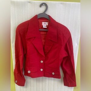 Vintage 80s Cropped Bomber Blazer Jacket Red Linen Cotton Size 7